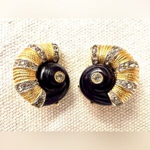 Hattie Carnegie Vintage Spiral Shell Gold, Navy (Rare) and Faux Diamond Earrings